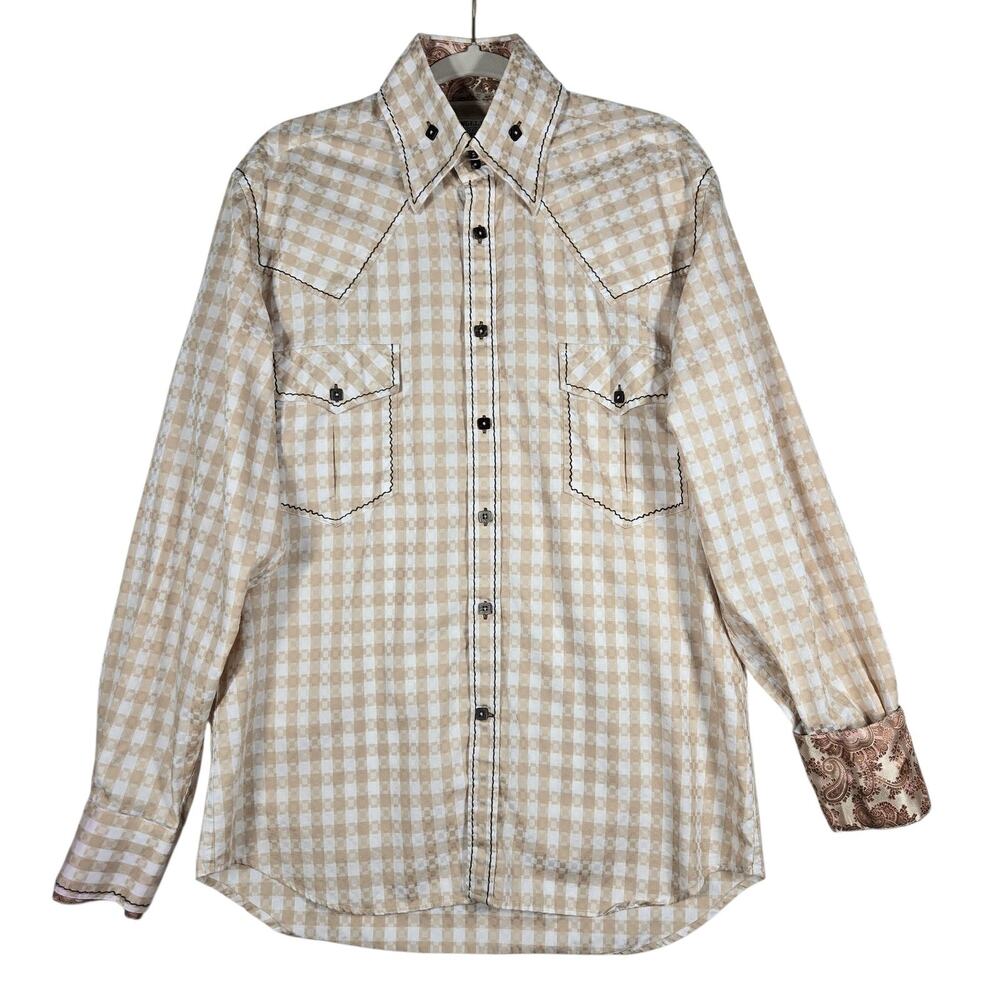 Angelino Western Shirt Men Large Beige Check Contrast Paisley Cuffs Cowboy Rodeo